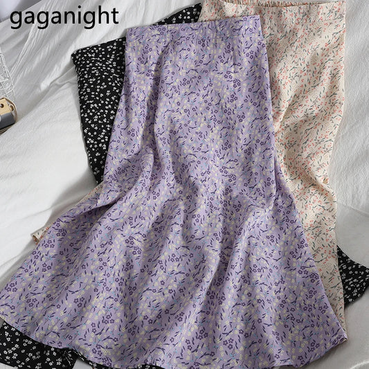 Gaganight Casual Floral Print Summer Chiffon Skirt Women High Waist Midi A-Line Skirt 2021 Elegant Female Elastic Waist Skirts