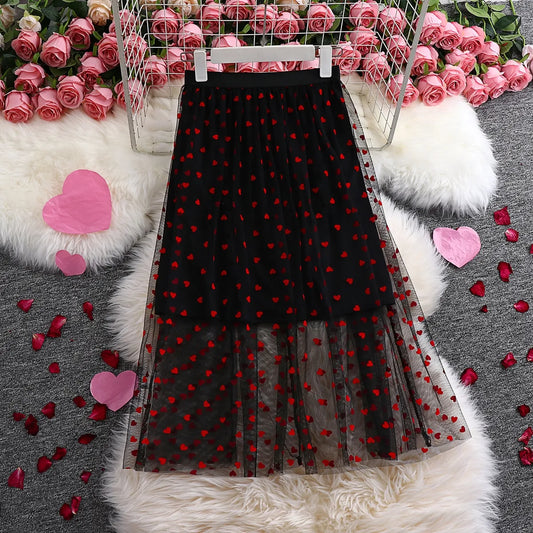 Plus Size 4XL Mesh Maxi Skirt Women Summer 2023 Black Heart Print Vintage Casual Female Clothing Tulle Pleated Oversized Skirts